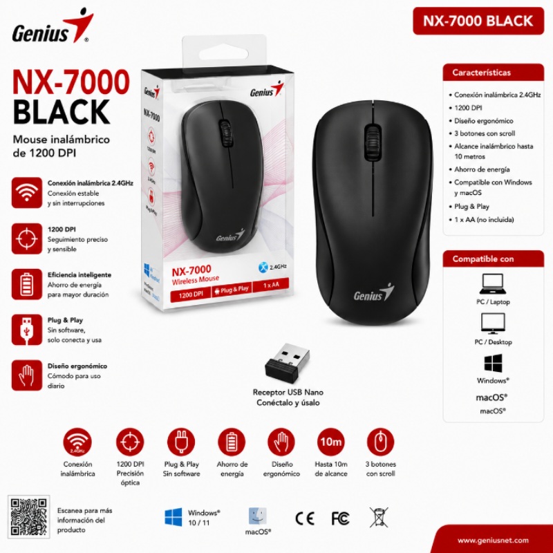 MOUSE GENIUS NX-7000 WIRELESS BLUEEYE BLACK