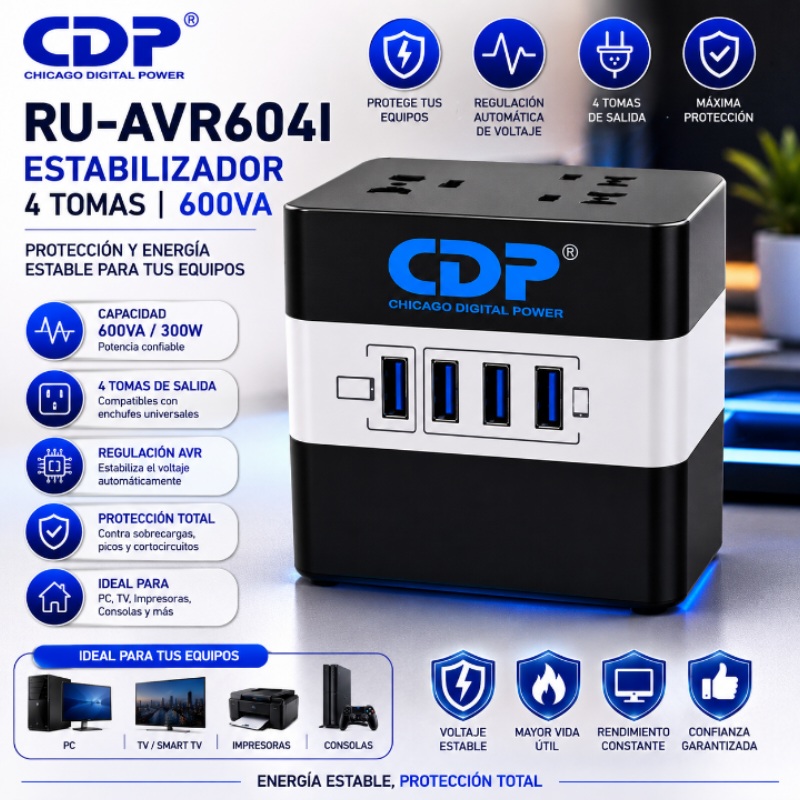 ESTABILIZADOR 4 TOMAS 600VA CDP RU-AVR604I