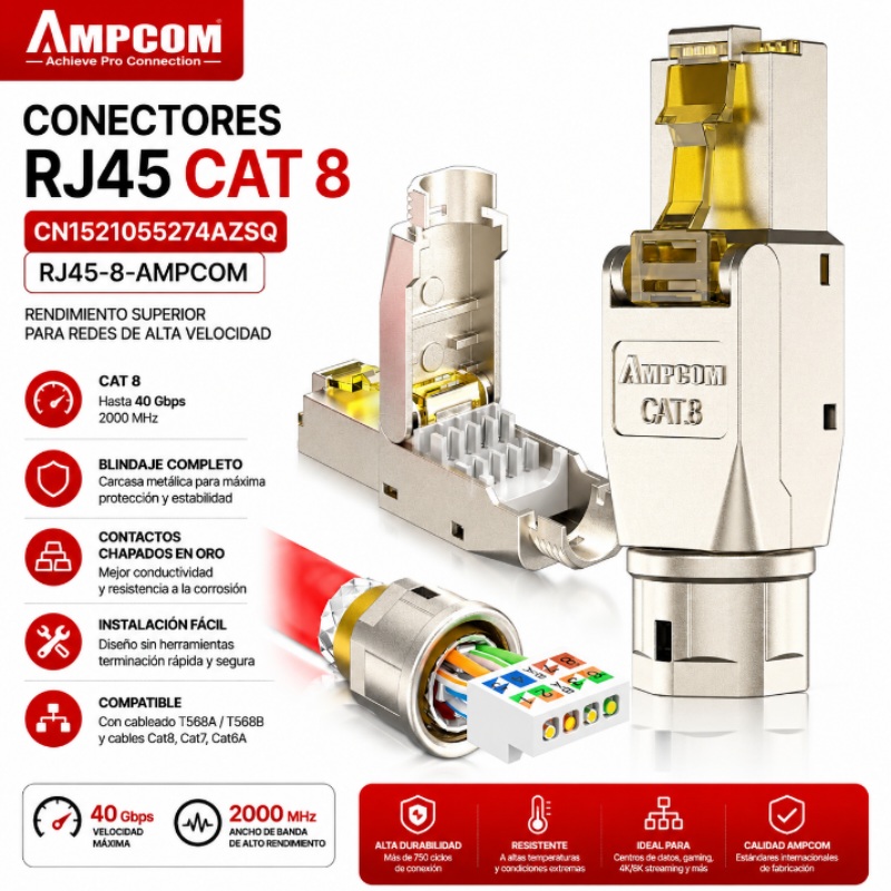 CONECTORES RJ45 CAT 8 AMPCOM CN1521055274AZSQ RJ45-8-AMPCOM