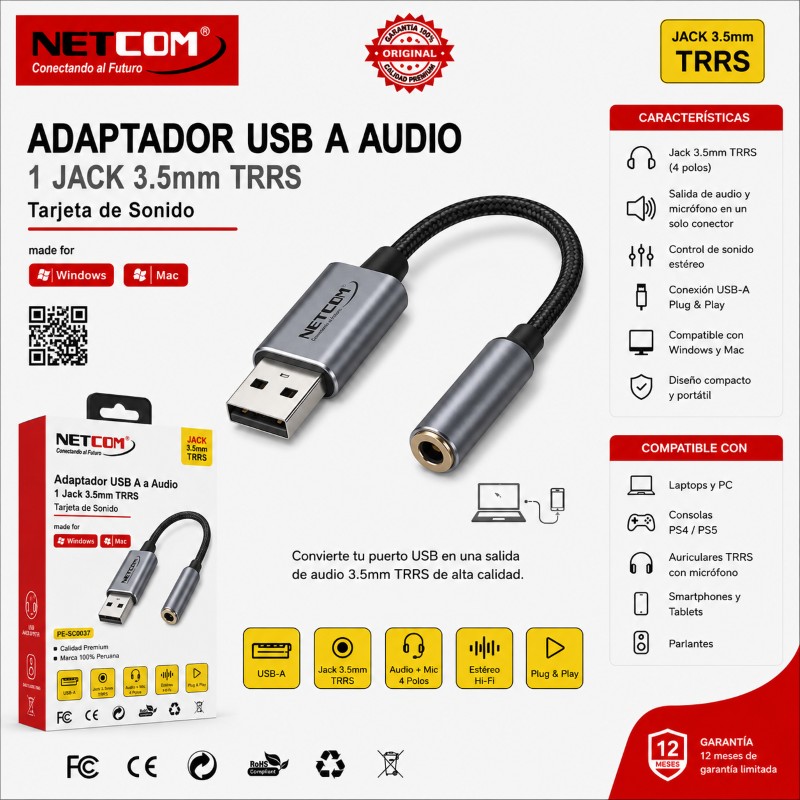 ADAPTADOR USB A AUDIO 1 JACK 3.5TRRS NETCOM PE-SC0037