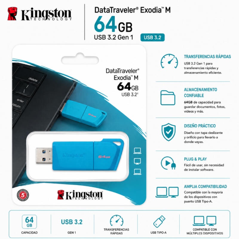 USB 64 GB KINGSTON 3.2 DT E M DT EXODIA NEON AQUA BLUE KC-U2L64-7LB