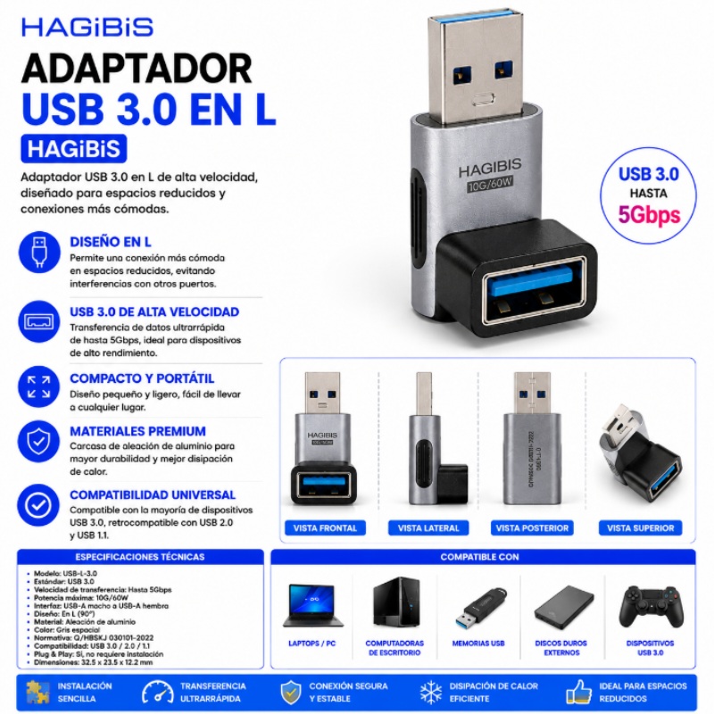 ADAPTADOR USB 3.0 EN L HAGIBIS Q/HBSKJ 030101-2022 USB-L-3.0