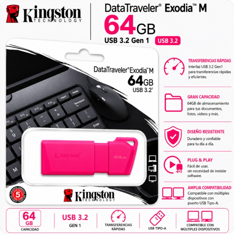 USB 64 GB KINGSTON 3.2 DT EXODIA M LATAM NEON PINK KC-U2L64-7LN