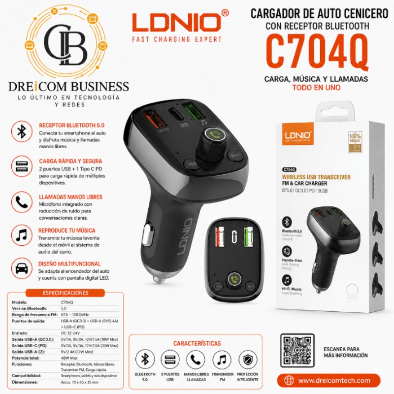 CARGADOR DE AUTO CENICERO CON RECEPTOR BLUETOOTH LDNIO C704Q