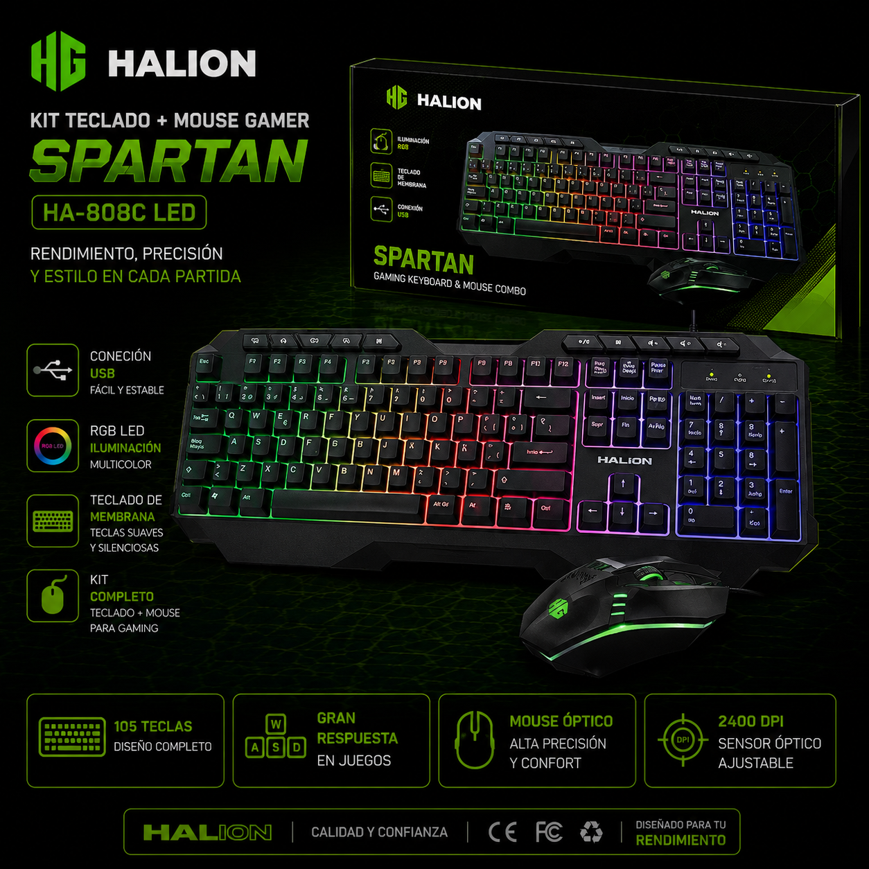 KIT TECLADO + MOUSE GAMER HALION SPARTAN HA-808C LED