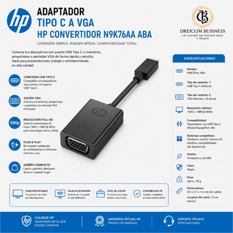 TIPO C A VGA HP CONVERTIDOR N9K76AA ABA