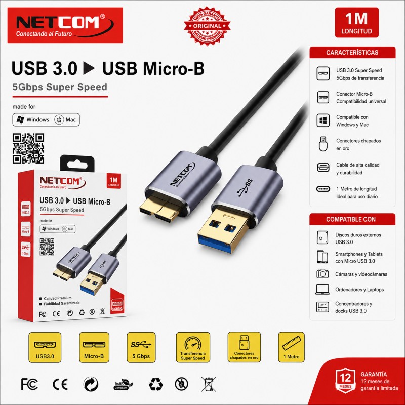 CABLE USB 3.0 MICRO B 1 M NETCOM PE-CA1002