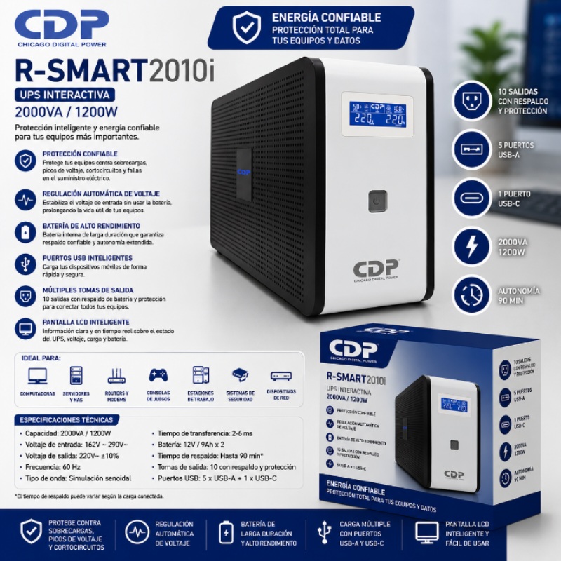 UPS CDP R-SMART 2010I 2000VA / 1200W / 10 SALIDAS / 5 PORT USB-A / 1 PORT USB-C BLACK (R-SMART2010I)