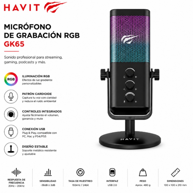 MICROFONO DE GRABACION RGB BLACK HAVIT GAMENOTE GK65