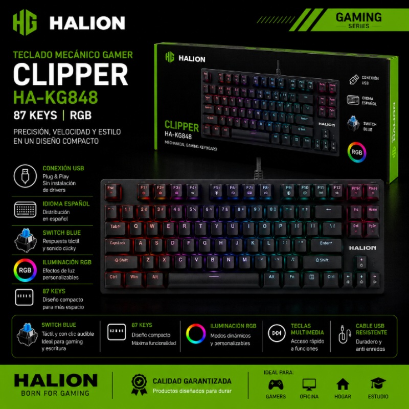 TECLADO MECANICO GAMER HALION CLIPPER HA-KG848 87KEYS RGB