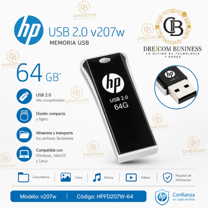 MEMORIA HP USB 2.0 V207W 64GB BLACK HPFD207W-64