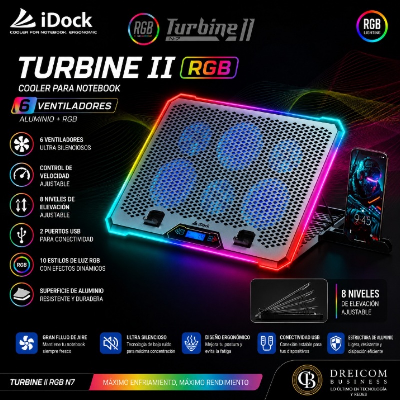COOLER IDOCK TURBINE II RGB 6 VENTILADORES ALUM N7