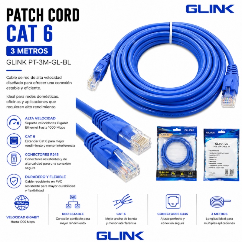 PATCH CORD CAT 6 3 M BLUE GLINK PT-3M-GL-BL