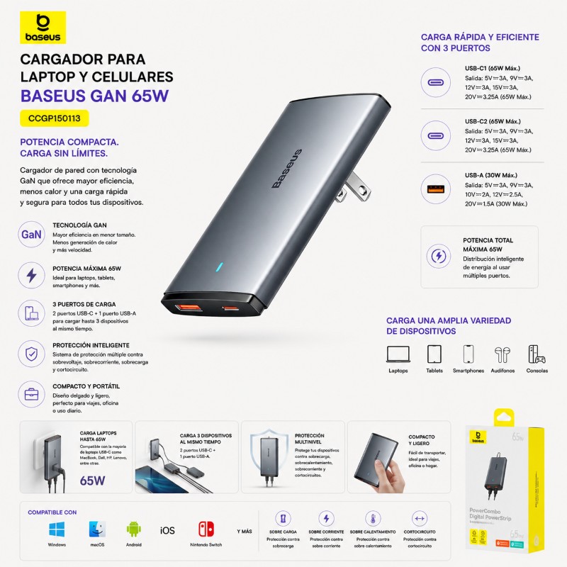CARGADOR PARA LAPTOP Y CELULARES BASEUS GAN 65W CCGP150113