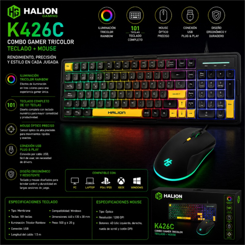 COMBO TECLADO CON MOUSE GAMER TRICOLOR BLACK 101 TECLAS RAINBOW HALION K426C