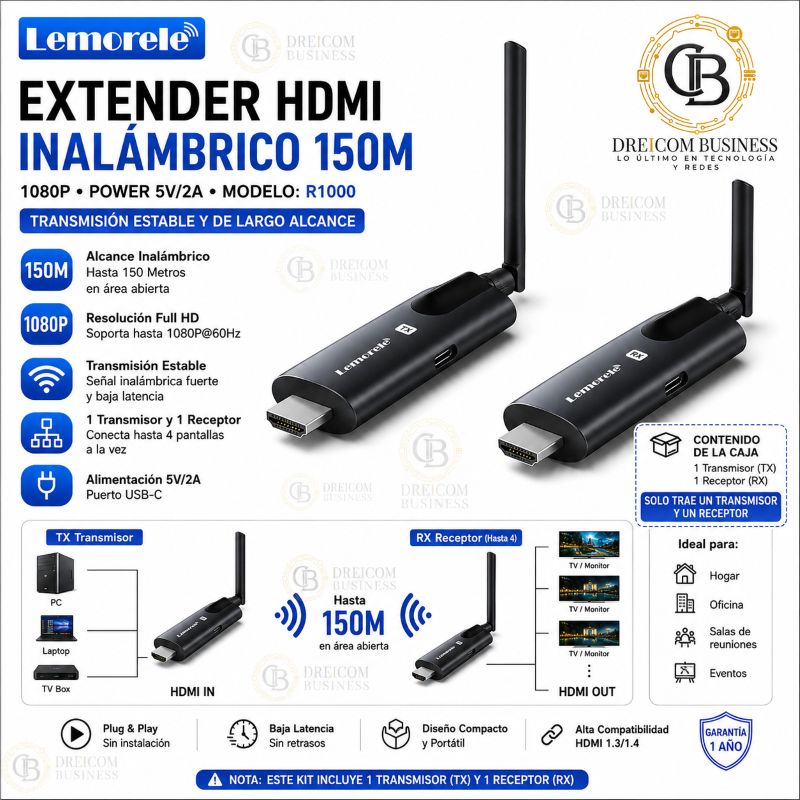 EXTENDER HDMI INHALAMBRICO 150M 1080P POWER 5V 2A LEMORELE R1000