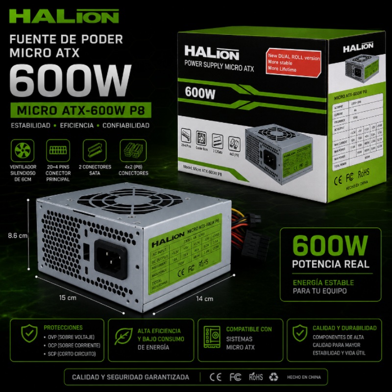 FUENTE MICRO ATX 600W HALION MICRO ATX-600W P8