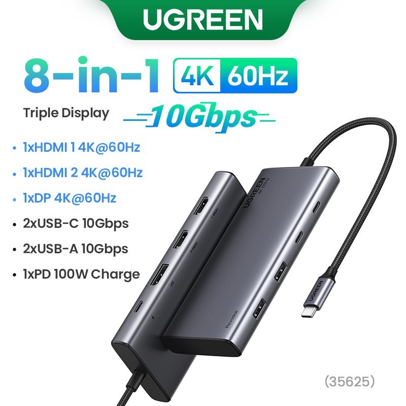 MULTIPUERTO TIPO C 8 EN 1 REVODOK X2 HDMI/X1 DP/X2 TIPO C/X2 USB/X1 C PD100W UGREEN