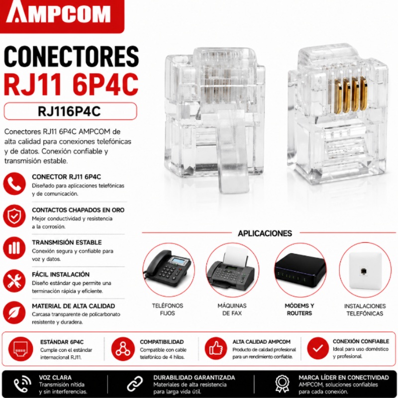 CONECTORES RJ11 6P4C AMPCOM AMCAT34100