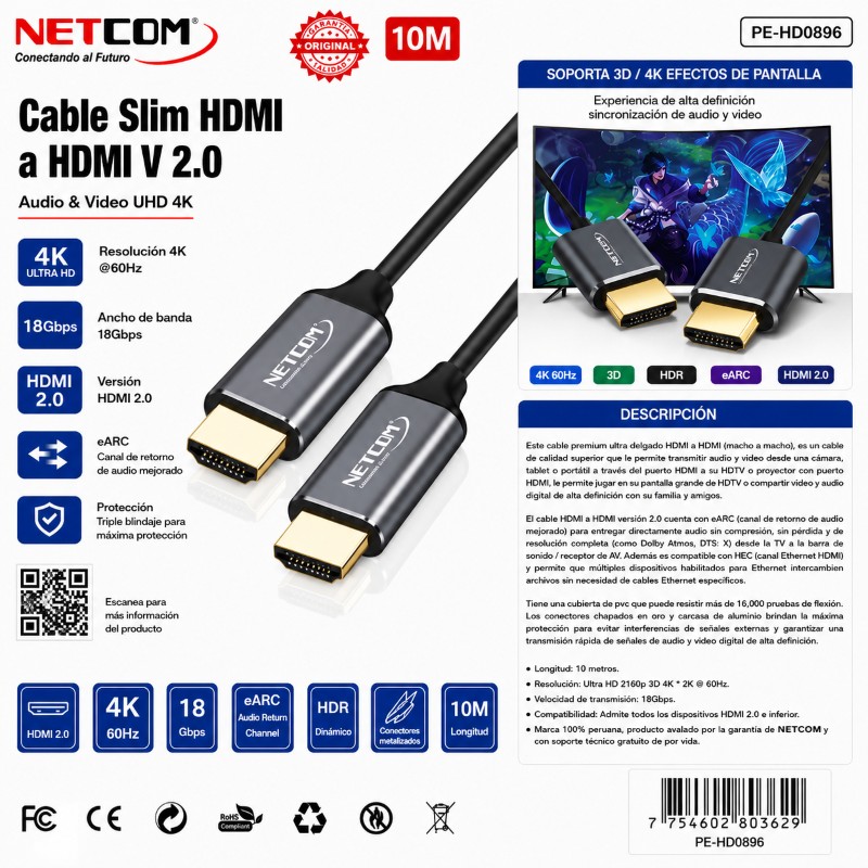 CABLE HDMI 2.0 4K 10 MTS SLIM NETCOM PE-HD0896 HD-10M-NET-SL