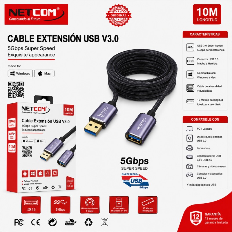 EXTENSION USB 3.0 10 MTS NETCOM EXT-10M-3.0-NET PE-CA0096