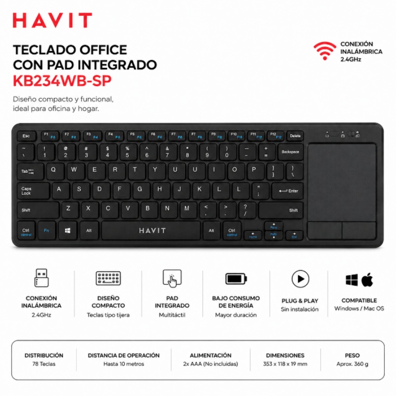 TECLADO OFFICE CON PAD NEGRO KB234WB-SP HAVIT