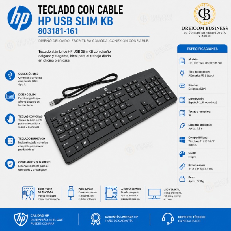 TECLADO CON CABLE HP USB SLIM KB 803181-161