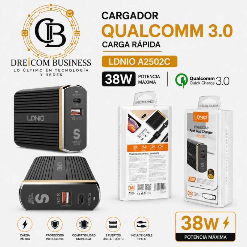 CARGADOR QUALCOM 3.0 38W TIPO C LDNIO A2502C