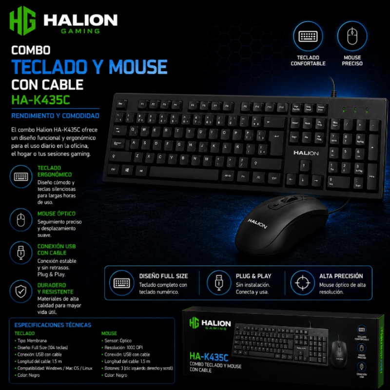 COMBO TECLADO Y MOUSE CON CABLE HALION HA-K435C