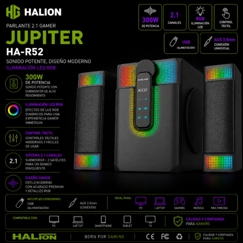 PARLANTE 2.1 300W CLASE D RGB JUPITER HALION HA-R52