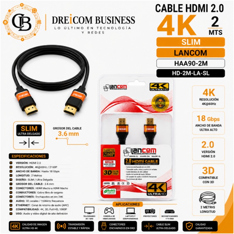 CABLE HDMI 2.0 4K 2 MTS SLIM LANCOM HAA90-2M HD-2M-LA-SL