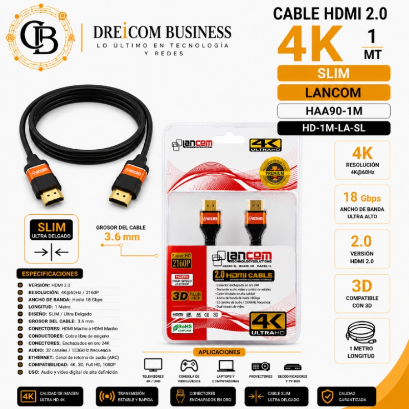 CABLE HDMI 2.0 4K 1 MT SLIM LANCOM HAA90-1M HD-1M-LA-SL