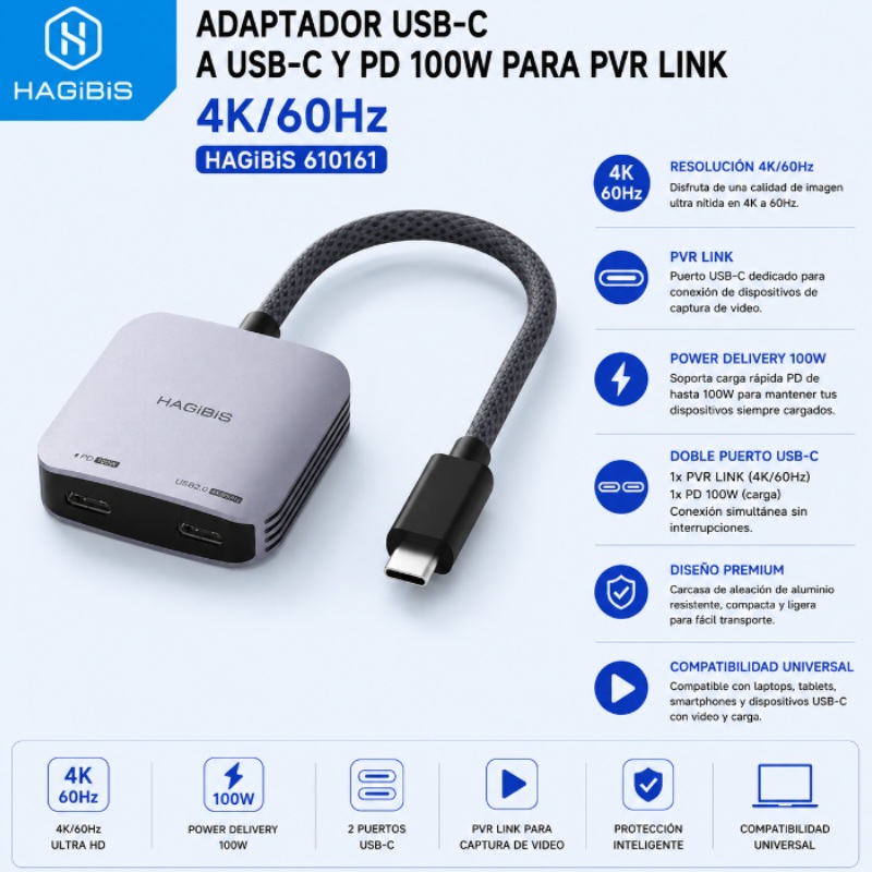 ADAPTADOR TIPO C A TIPO C Y PD 100W PARA PVR LINK 4K 60HZ HAGIBIS 610161
