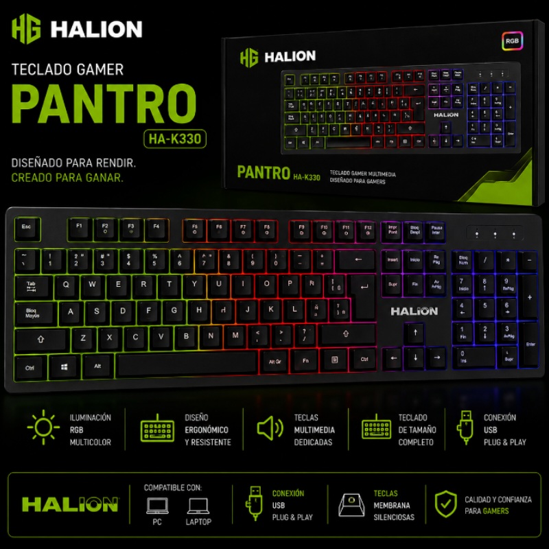 TECLADO GAMER SILENT MEMBRANE RAINBOW PANTRO HALION K330