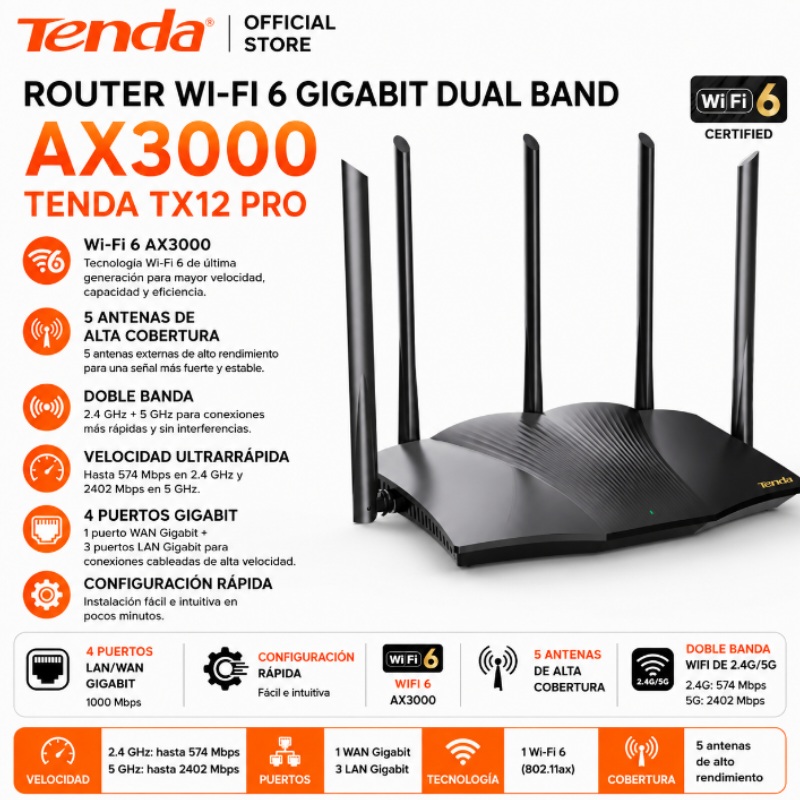ROUTER WI-FI 6 GIGABIT DUAL BAND AX3000 TENDA TX12 PRO