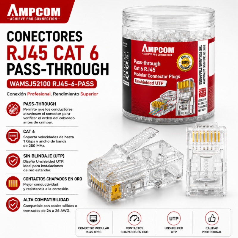 CONECTORES RJ45 CAT 6 PASS-THROUGH AMPCOM WAMSJ52100 RJ45-6-PASS