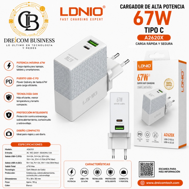 CARGADOR DE ALTA POTENCIA 67W TIPO C LDNIO A2620X