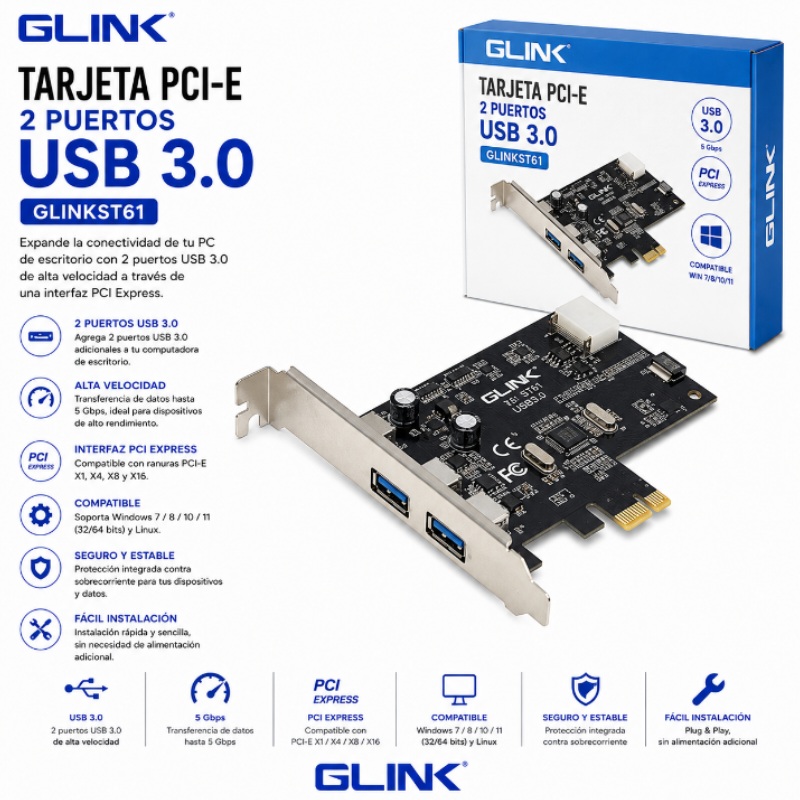 TARJETA PCI-E 2 PUERTOS USB 3.0-GLINKST61