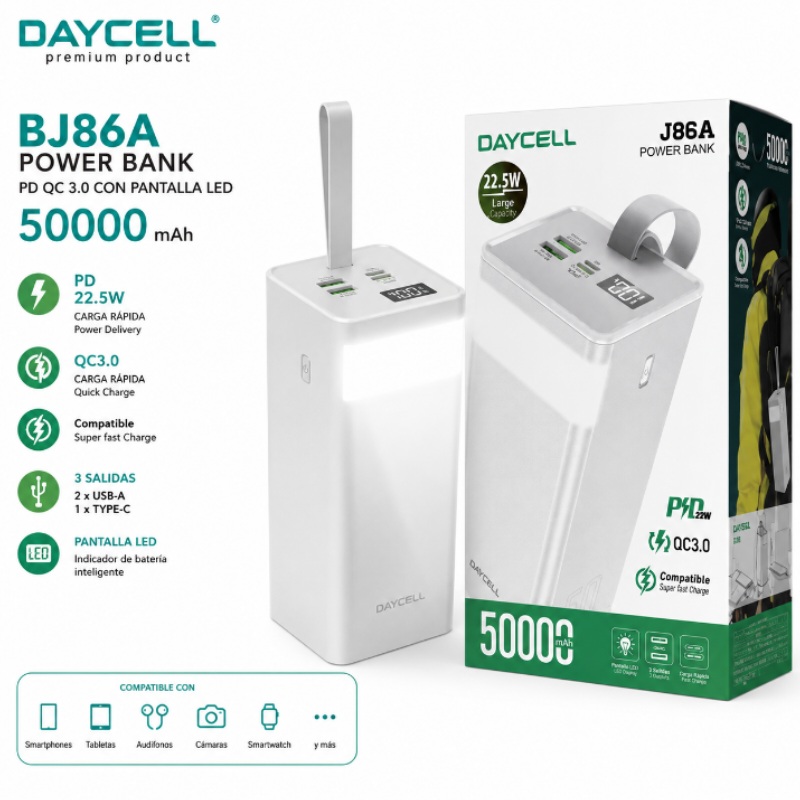 POWER BANK PD QC 3.0 CON PANTALLA LED 50000 MAH DAYCELL BJ86A