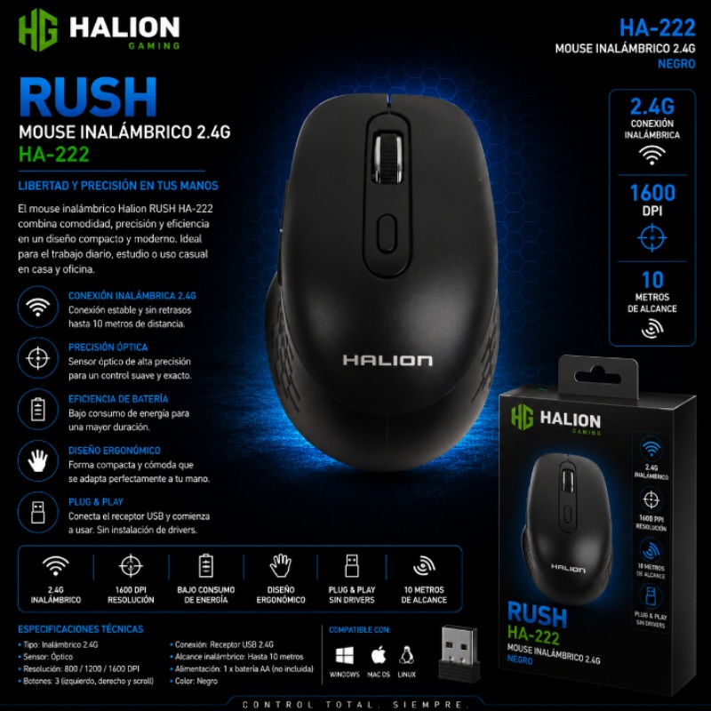 MOUSE INALAMBRICO 2.4G NEGRO RUSH HALION HA-222