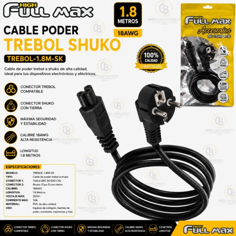 CABLE PODER TREBOL SHUKO 1.8 MTS 18AWG TREBOL-1.8M-SK