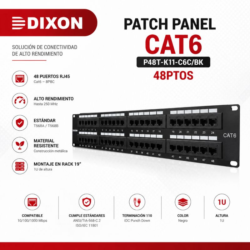 PATCH PANEL DIXON CAT6 P48T-K11-C6C/BK 48PTOS