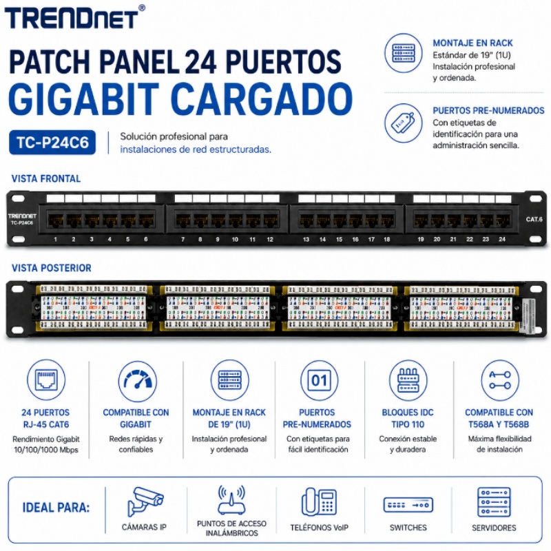 PATCH PANEL TRENDNET 24 PUERTOS GIGABIT CARGADO TC-P24C6