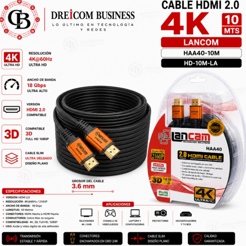 CABLE HDMI 2.0 4K 10 MTS LANCOM HA001-10M HD-10M-LA