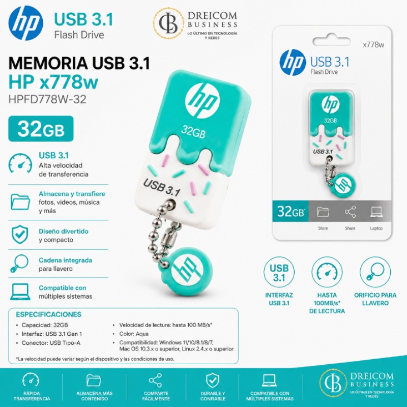 MEMORIA HP USB 3.1 X778W 32GB AQUA HPFD778W-32