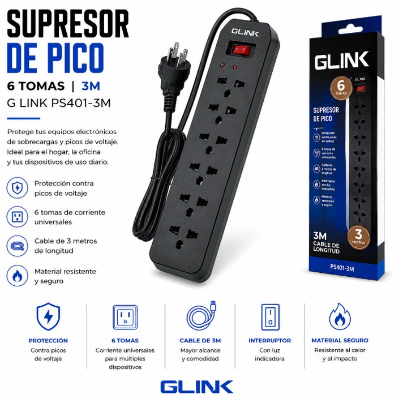 SUPRESOR DE PICO 6 TOMAS 3M G LINK PS401-3M