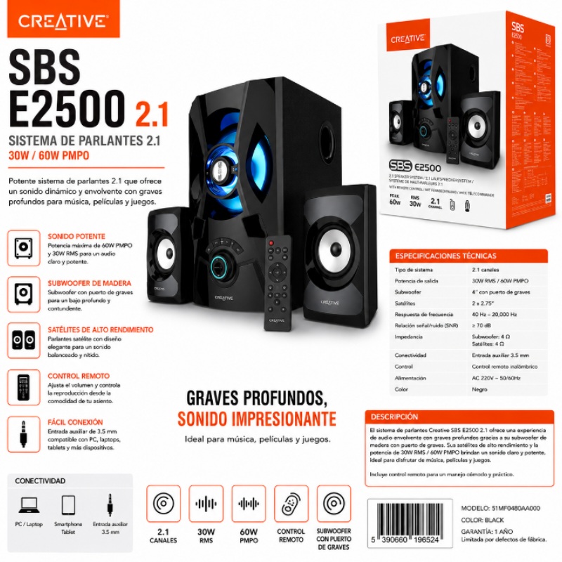 PARLANTE CREATIVE 2.1 E2500 30W/60W 2.1 BLACK