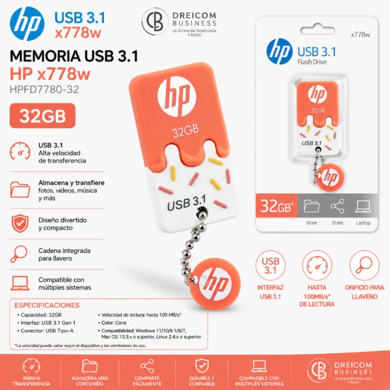 MEMORIA HP USB 3.1 X778W 32GB CORAL HPFD7780-32