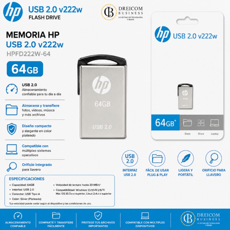 MEMORIA HP USB 2.0 V222W 64GB SILVER HPFD222W-64