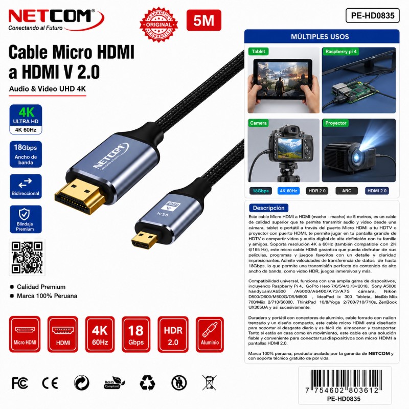 CABLE MICRO HDMI A HDMI V 2.0 4K 60 HZ 5 MTS NETCOM PE-HD0835 MICROHD-HD-NET